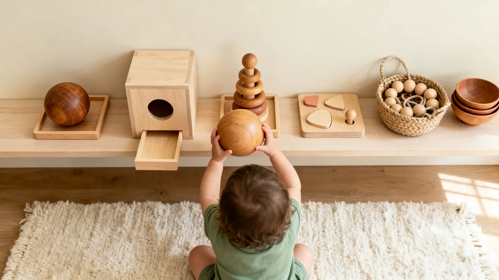 A toddler lifting a wooden ball toward an object permanence box on a low wooden shelf