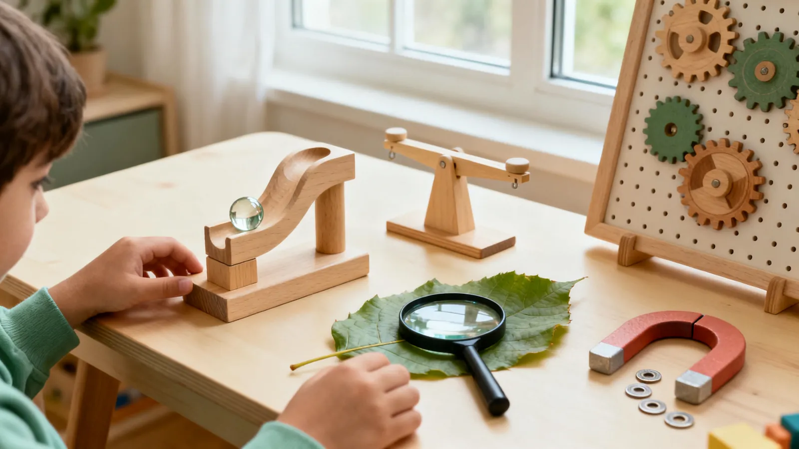A child experimenting with a wooden marble run, balance scale, magnifying glass, magnet and gear board at a low table.