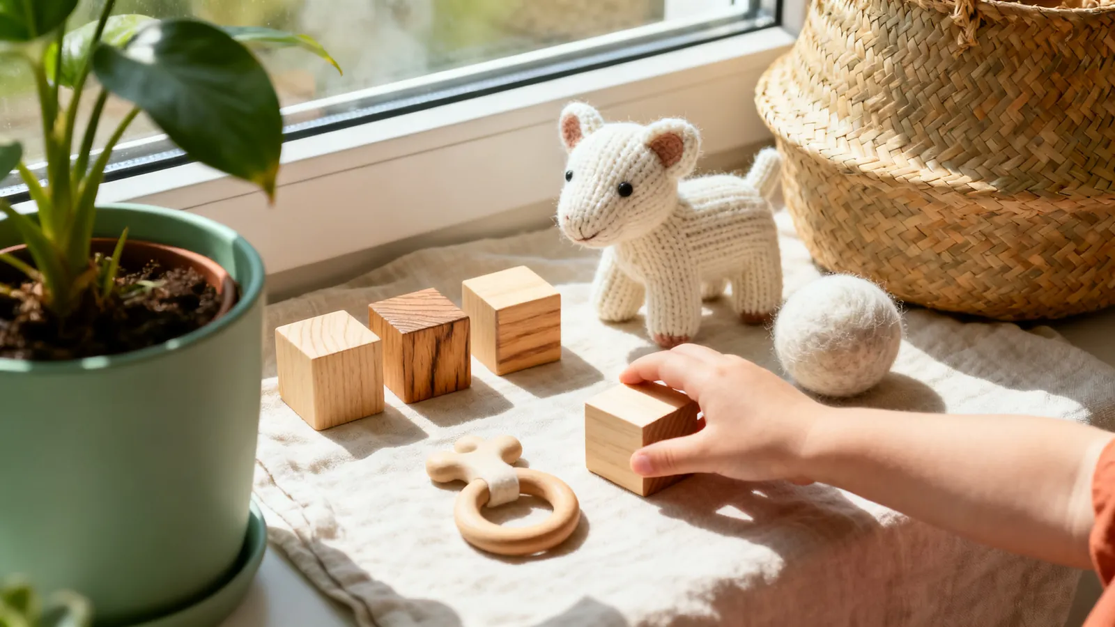 Natural-material toys on a linen cloth by a window: unfinished wooden blocks, a knitted cotton animal, a wooden teether and a wool felt ball.