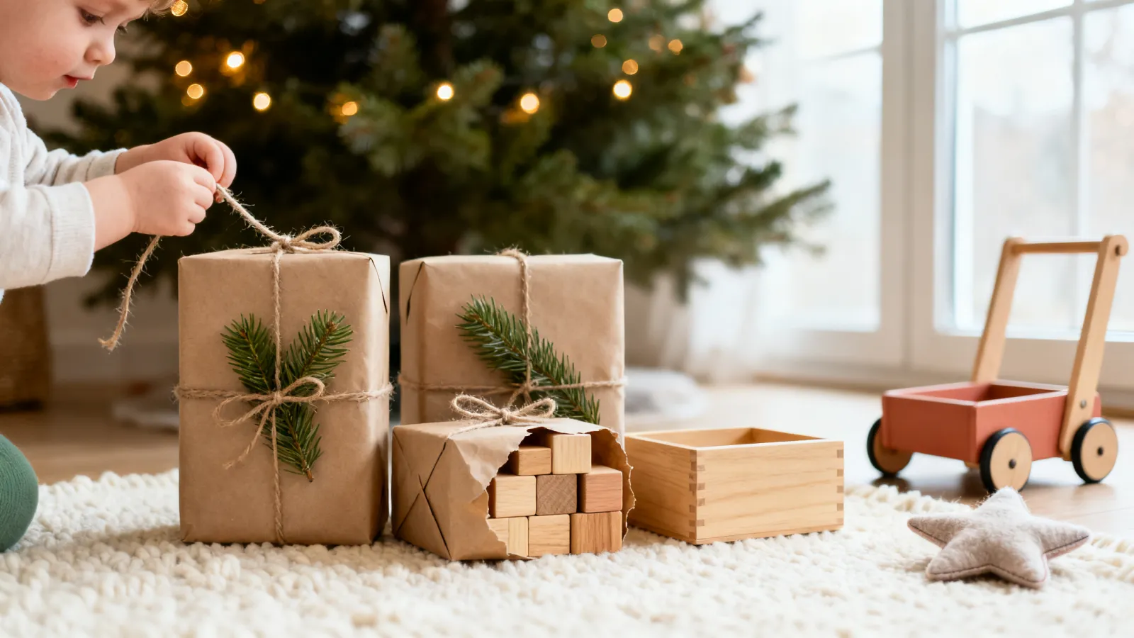 Kraft-paper gifts under a Christmas tree, one opened to show wooden blocks