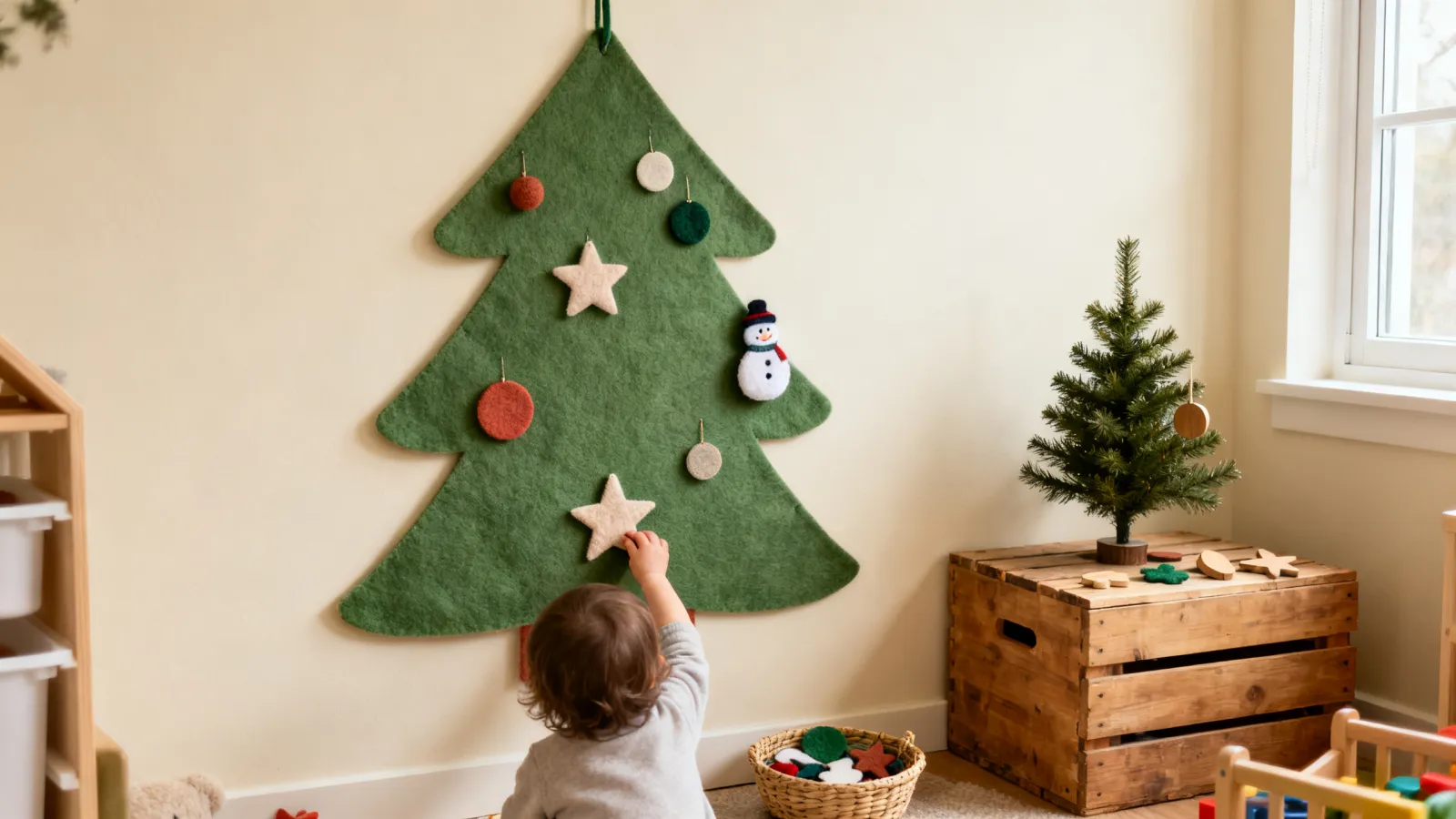 A toddler seen from behind pressing a felt star onto a large green felt Christmas tree hung on a cream wall, with a basket of felt ornaments below and a small tabletop tree on a wooden crate.