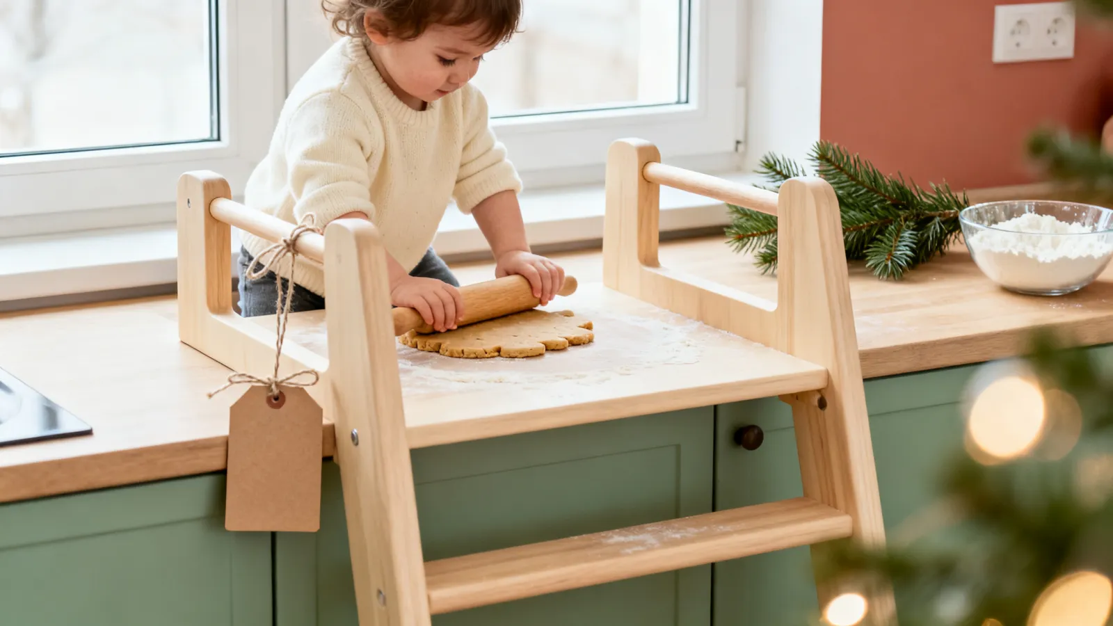 A toddler standing in a wooden kitchen helper tower at the counter, rolling cookie dough with a wooden rolling pin, with a kraft-paper gift tag tied to the rail.