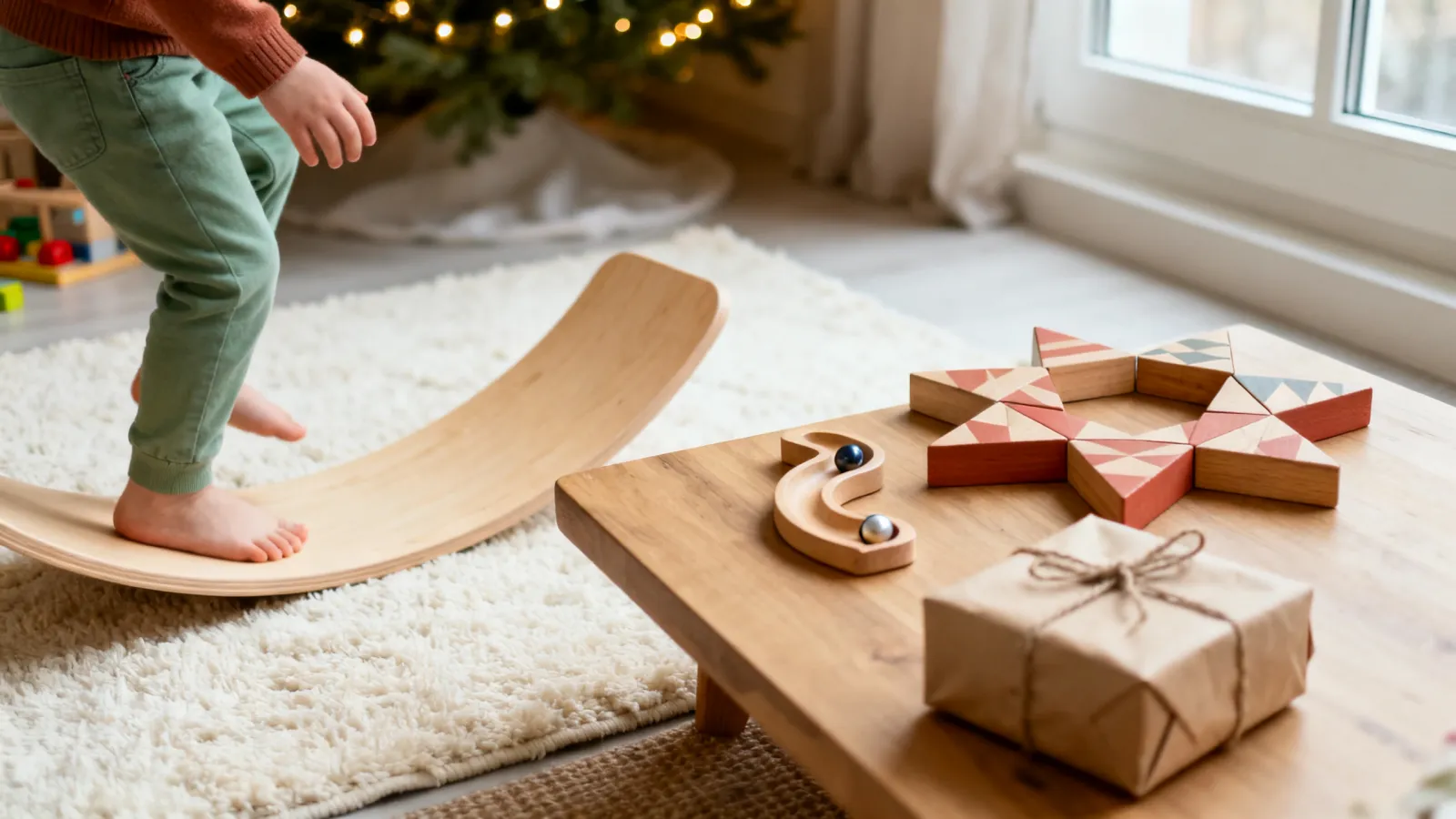 A preschooler stepping onto a curved wooden balance board on a cream rug, beside a low table with wooden pattern blocks laid in a star, a small marble run and a kraft-paper gift.