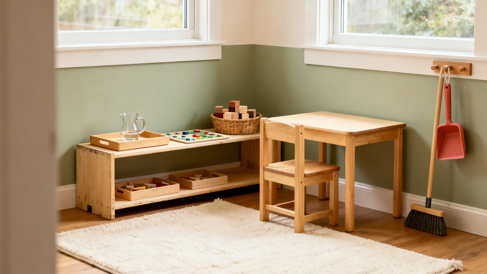 A simple home Montessori corner with a low wooden shelf of activity trays, a child-sized table and chair, and a small broom and dustpan.