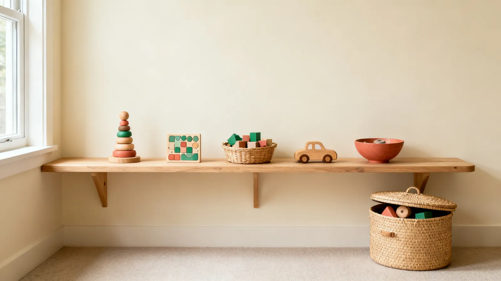 A low wooden shelf holding five spaced-out wooden toys, with a lidded woven basket of stored toys on the floor beside it.