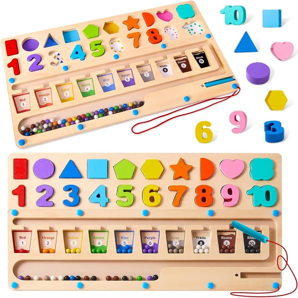 3 in 1 Montessori Toys for 3+ Year Old, Educational Magnetic Color and Number Maze, Shape Number Wooden Puzzle Sorting Toys for Toddlers, Preschool Learning Activities Classroom Must Haves