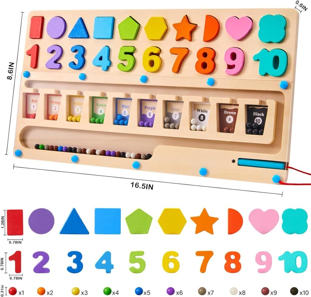 3 in 1 Montessori Toys for 3+ Year Old, Educational Magnetic Color and Number Maze, Shape Number Wooden Puzzle Sorting Toys for Toddlers, Preschool Learning Activities Classroom Must Haves
