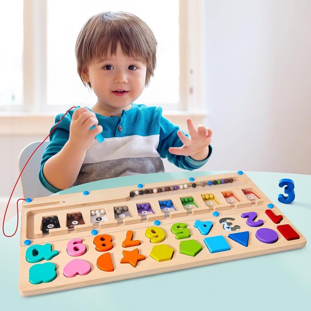 3 in 1 Montessori Toys for 3+ Year Old, Educational Magnetic Color and Number Maze, Shape Number Wooden Puzzle Sorting Toys for Toddlers, Preschool Learning Activities Classroom Must Haves