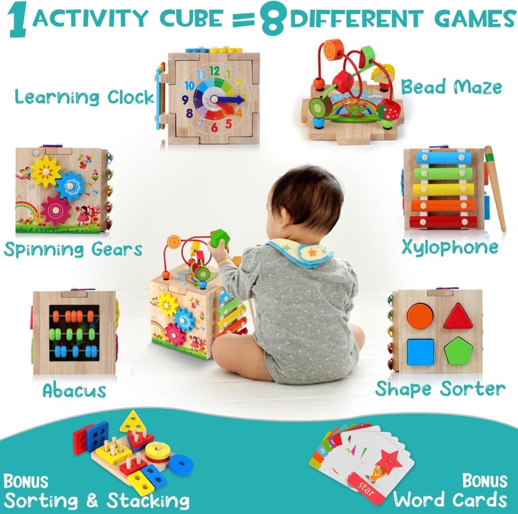 HELLOWOOD Wooden Activity Cube, 8-in-1 Montessori Toys for 12+ Months Babies, Educational Learning Toys for Toddlers Age 1-2, First Birthday Gift | Bonus Sorting Stacking Board and Word Cards