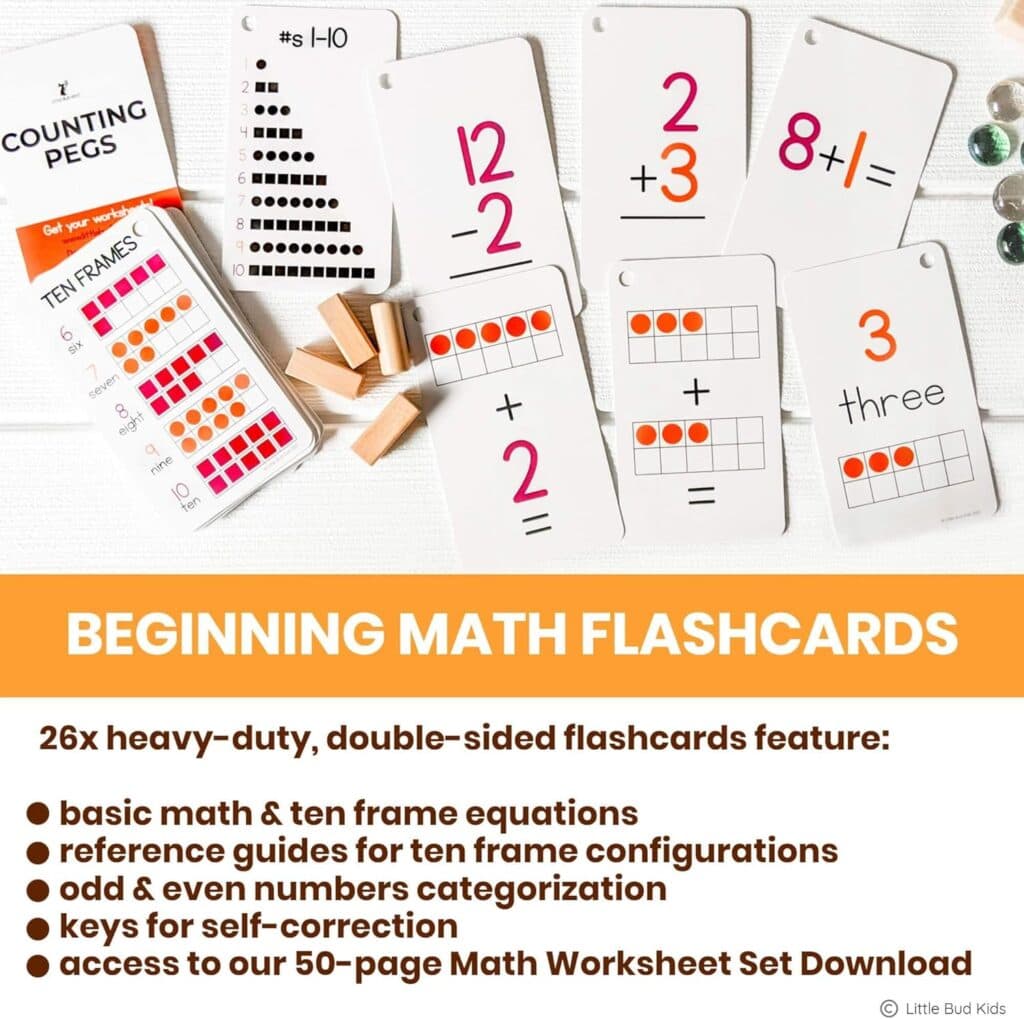 LITTLE BUD KIDS Counting Pegs - A Ten Frame Math Game with Addition and Subtraction Flash Cards, A Wooden Montessori Math Toy Math Manipulatives Number Peg Boards for Kids 3 4 5 6 7