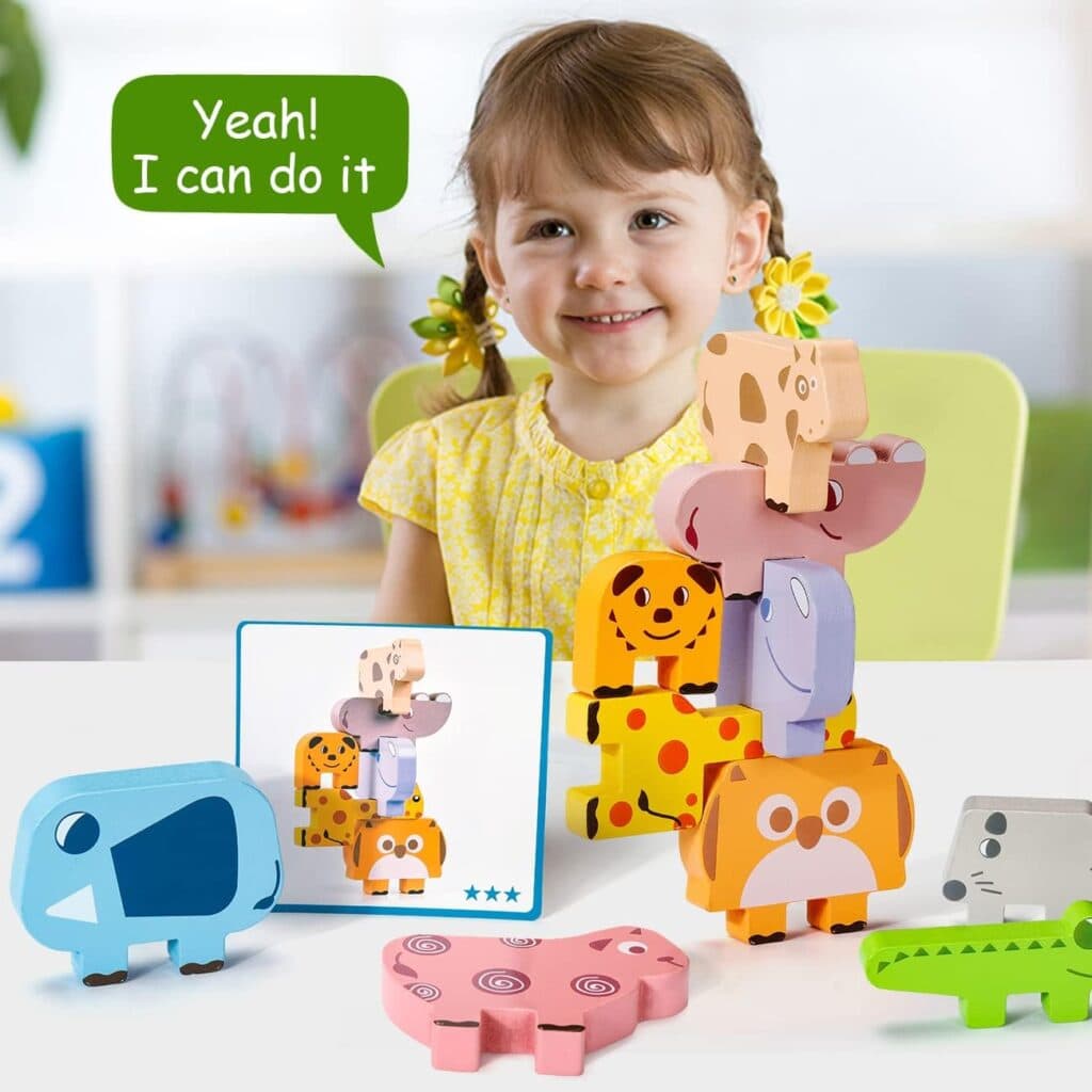 Montessori Toys for 2 3 4 Year Old, 10pcs Wooden Animal Blocks Sorting Stacking Toys for 2-4 Year Old Toddlers Girl Boy Gifts, Kids Preschool Educational Toys Fine Motor Skills Learning Games