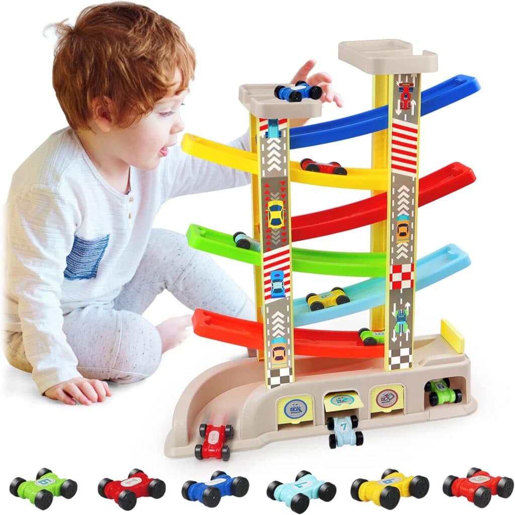 Montessori Toys for 2 3 Year Old Toddlers with 6 Cars Race Tracks, Garages and Parking Lots, Ramp Racer Toy Gift for Boys Girls Age 18 Months and Up