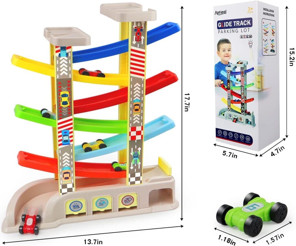 Montessori Toys for 2 3 Year Old Toddlers with 6 Cars Race Tracks, Garages and Parking Lots, Ramp Racer Toy Gift for Boys Girls Age 18 Months and Up