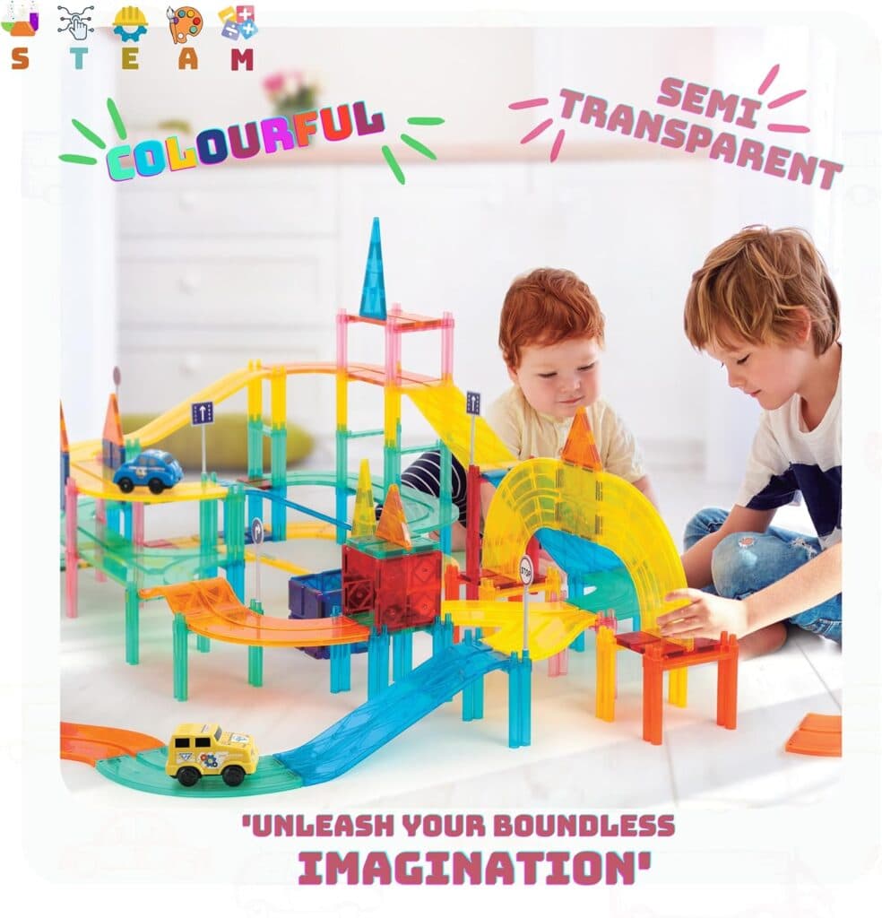 Polar Toys Car Race Track Magnetic Tiles 150 PCS Race Car Track Building Blocks for Kids Magnetic Cars Enhance Engineering Skills Cognitive Development STEM Montessori Toys Gift for Kids Ages 3 4 5 6+