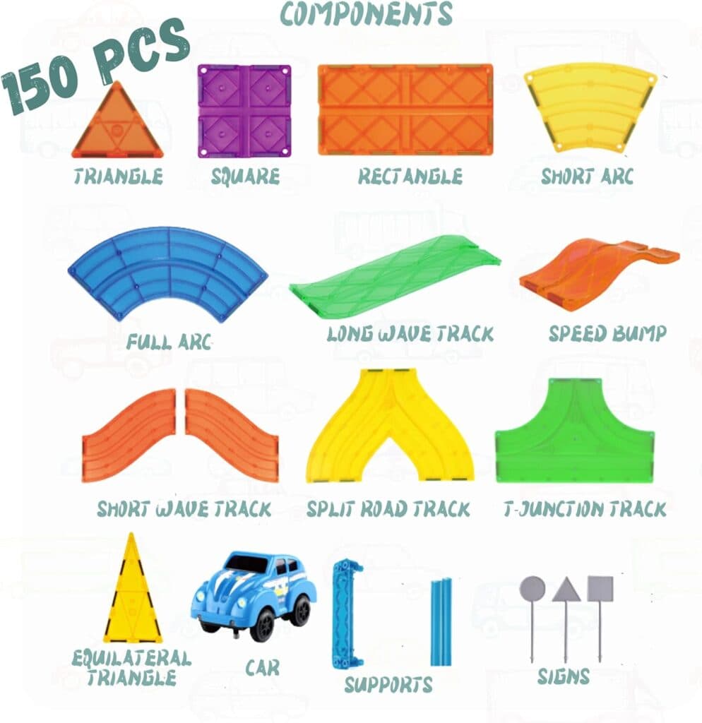 Polar Toys Car Race Track Magnetic Tiles 150 PCS Race Car Track Building Blocks for Kids Magnetic Cars Enhance Engineering Skills Cognitive Development STEM Montessori Toys Gift for Kids Ages 3 4 5 6+