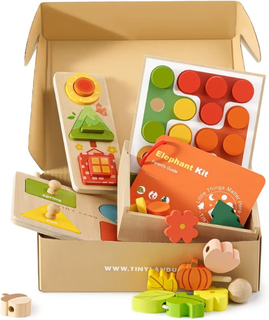 Tiny Land 4 in 1 Montessori Toys for 2 Year Old - Develop Fine Motor and Cognitive Skills with Color Sorting, Lacing Beads, Shape Matching, and Seasons Puzzles.