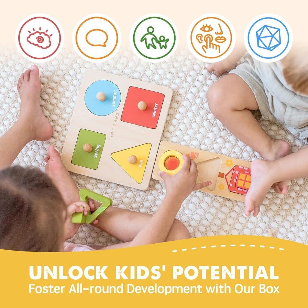 Tiny Land 4 in 1 Montessori Toys for 2 Year Old - Develop Fine Motor and Cognitive Skills with Color Sorting, Lacing Beads, Shape Matching, and Seasons Puzzles.