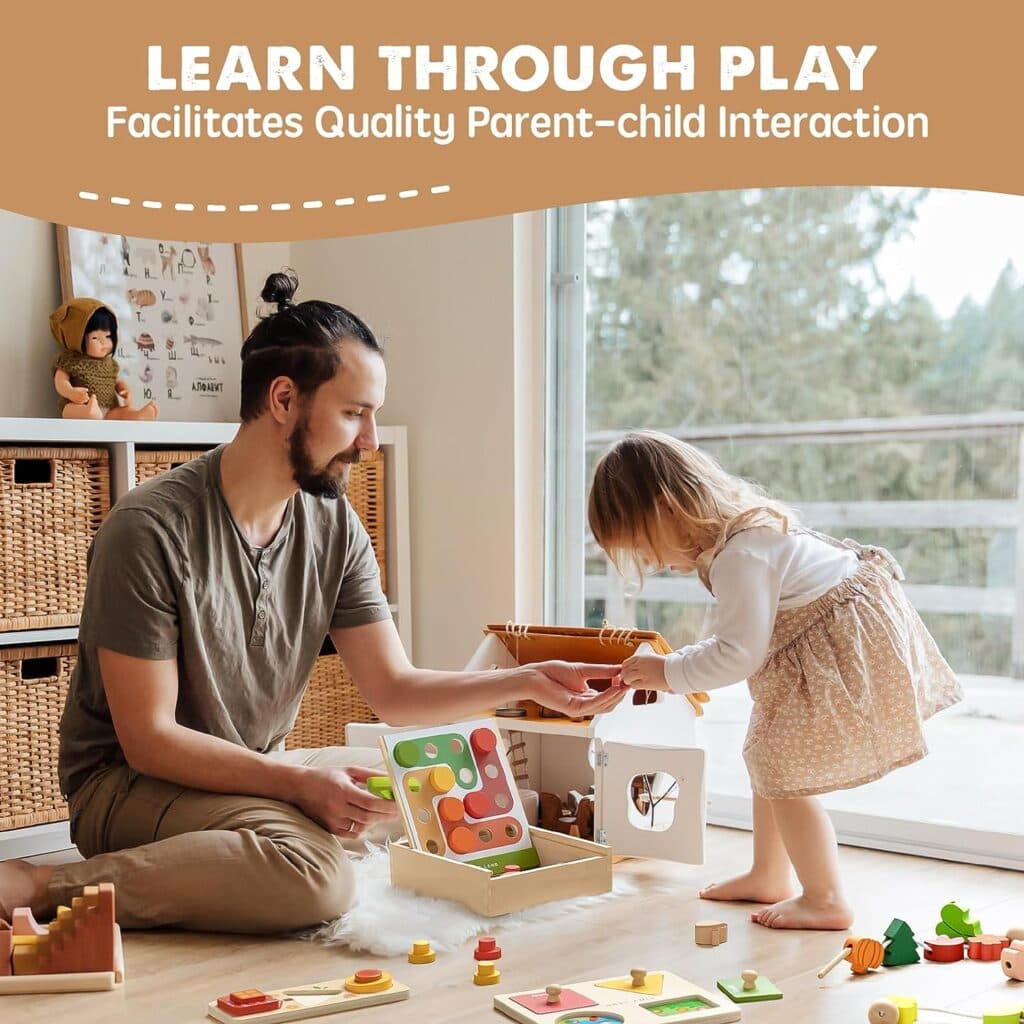 Tiny Land 4 in 1 Montessori Toys for 2 Year Old - Develop Fine Motor and Cognitive Skills with Color Sorting, Lacing Beads, Shape Matching, and Seasons Puzzles.