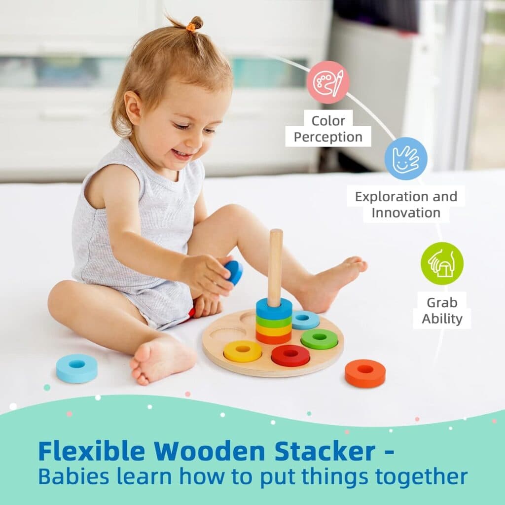 TOOKYLAND Montessori Toys for 1 Year Old, 8 in 1 Learning Educational Set Wooden Toys (Includes Stacking Cups, 3 in 1 Educational Box, Pound Bench, Shape Puzzle and More)…