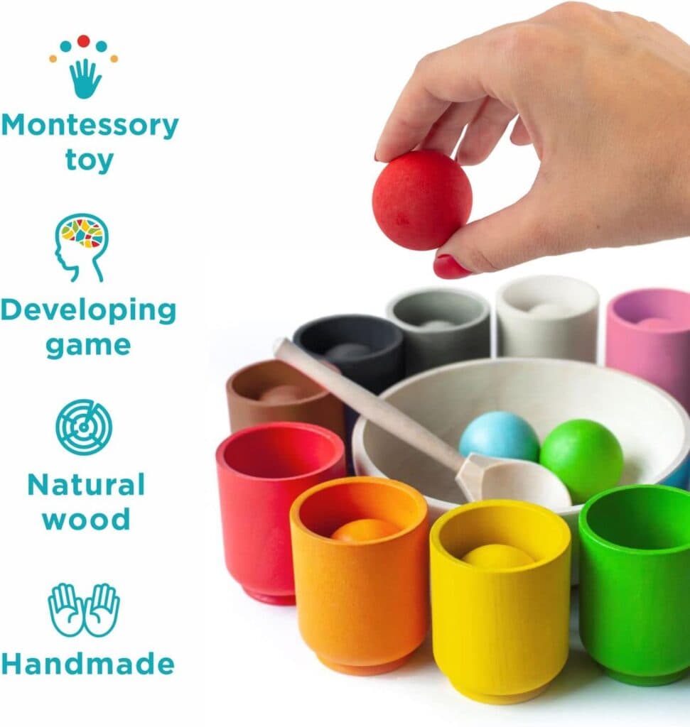 Ulanik Balls in Cups Large Montessori Toy Wooden Sorter Game 12 Balls 35 mm Age 1+ Color Sorting and Counting Preschool Learning Education