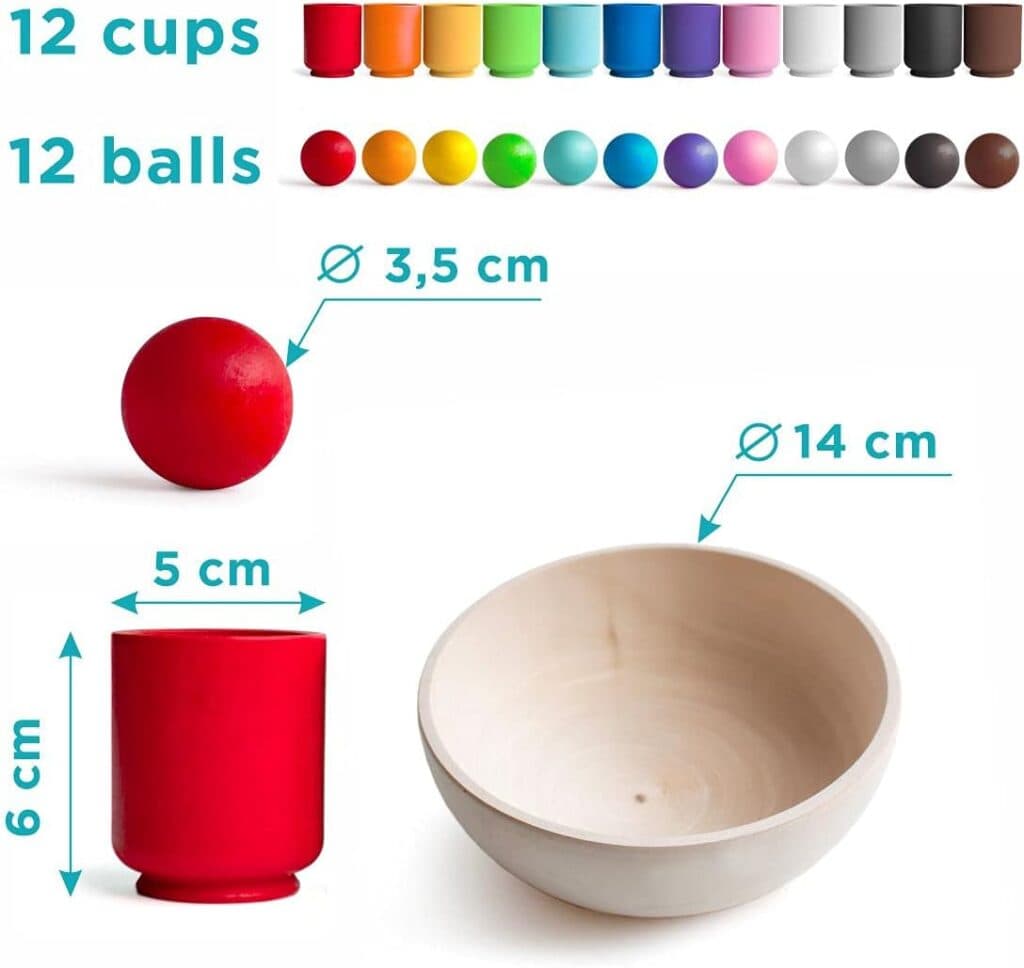 Ulanik Balls in Cups Large Montessori Toy Wooden Sorter Game 12 Balls 35 mm Age 1+ Color Sorting and Counting Preschool Learning Education