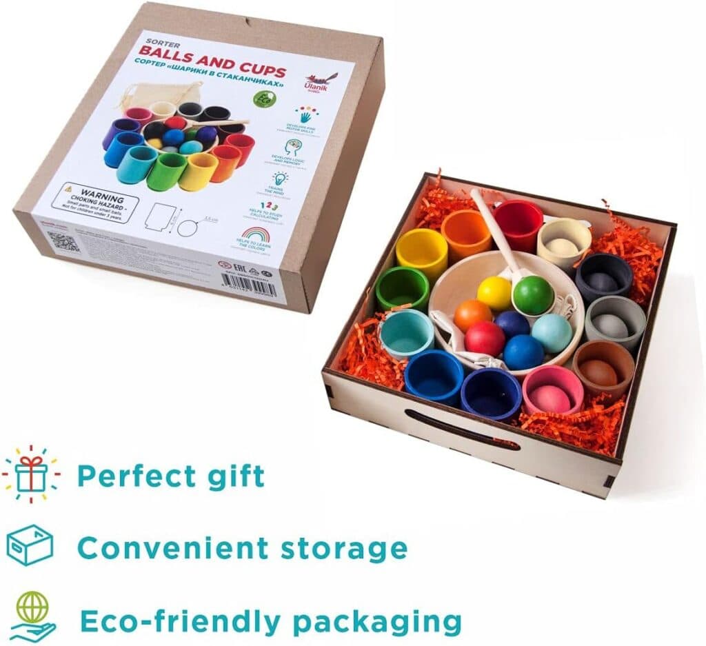 Ulanik Balls in Cups Large Montessori Toy Wooden Sorter Game 12 Balls 35 mm Age 1+ Color Sorting and Counting Preschool Learning Education