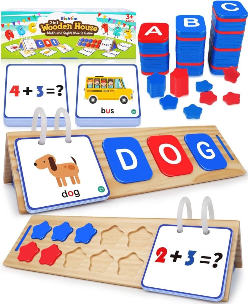 Wooden CVC Word Spelling Games, Math Addition Game, Sight Word Math Flash Cards: Montessori Educational Toy for Kindergarten Homeschool Supplies Preschool Activities 3 4 5 6 Year Old Kids
