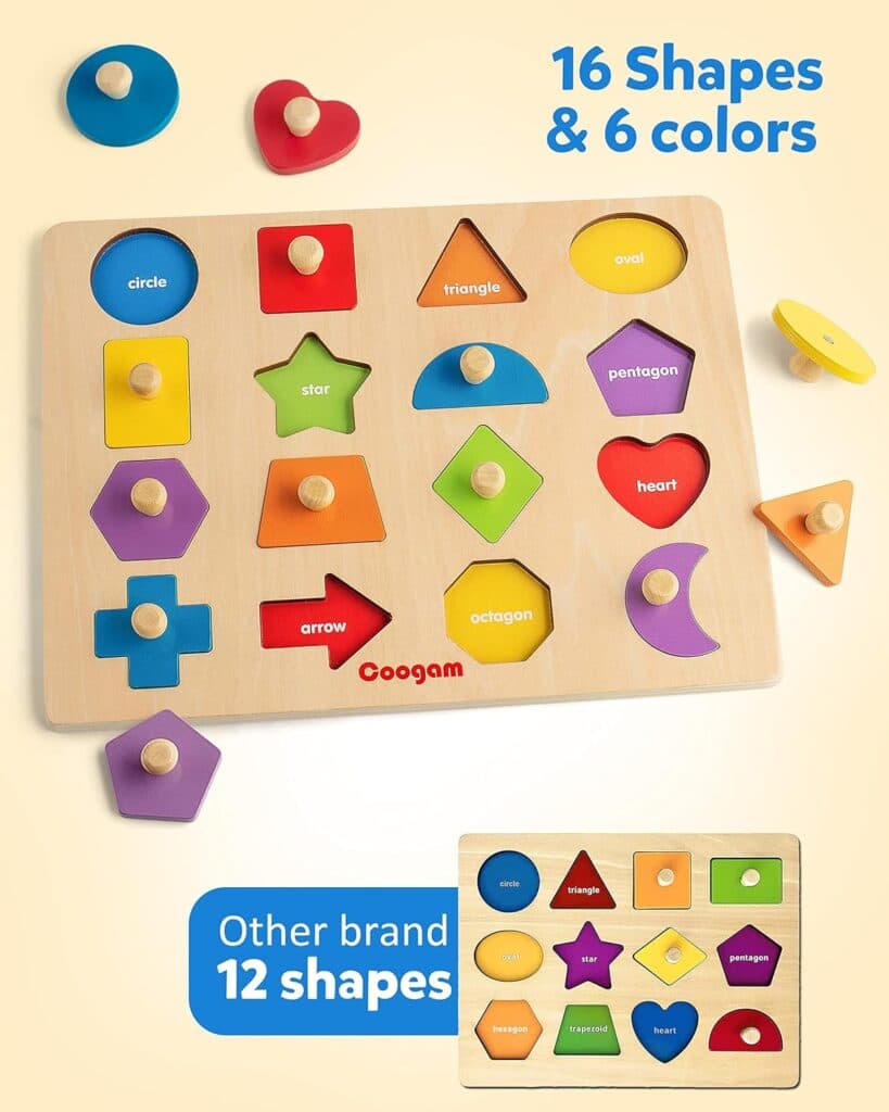 Coogam Montessori Toy Wooden Shape Peg Puzzle, Fine Motor Color Matching Sorting Board, Early Learning Educational Activity Toy Gift for Preschool Toddler Baby 3 4 5 Year Old