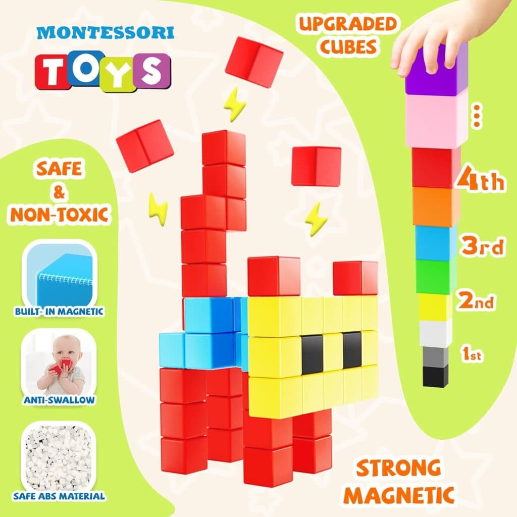 Girigi 10 Colors Magnetic Blocks for Toddler Toys, Montessori Sensory STEM Building Preschool Magnet Toys for 3 4 5 6 Year Old Boys and Girls, Large Magnetic Cubes Building Blocks for Kids