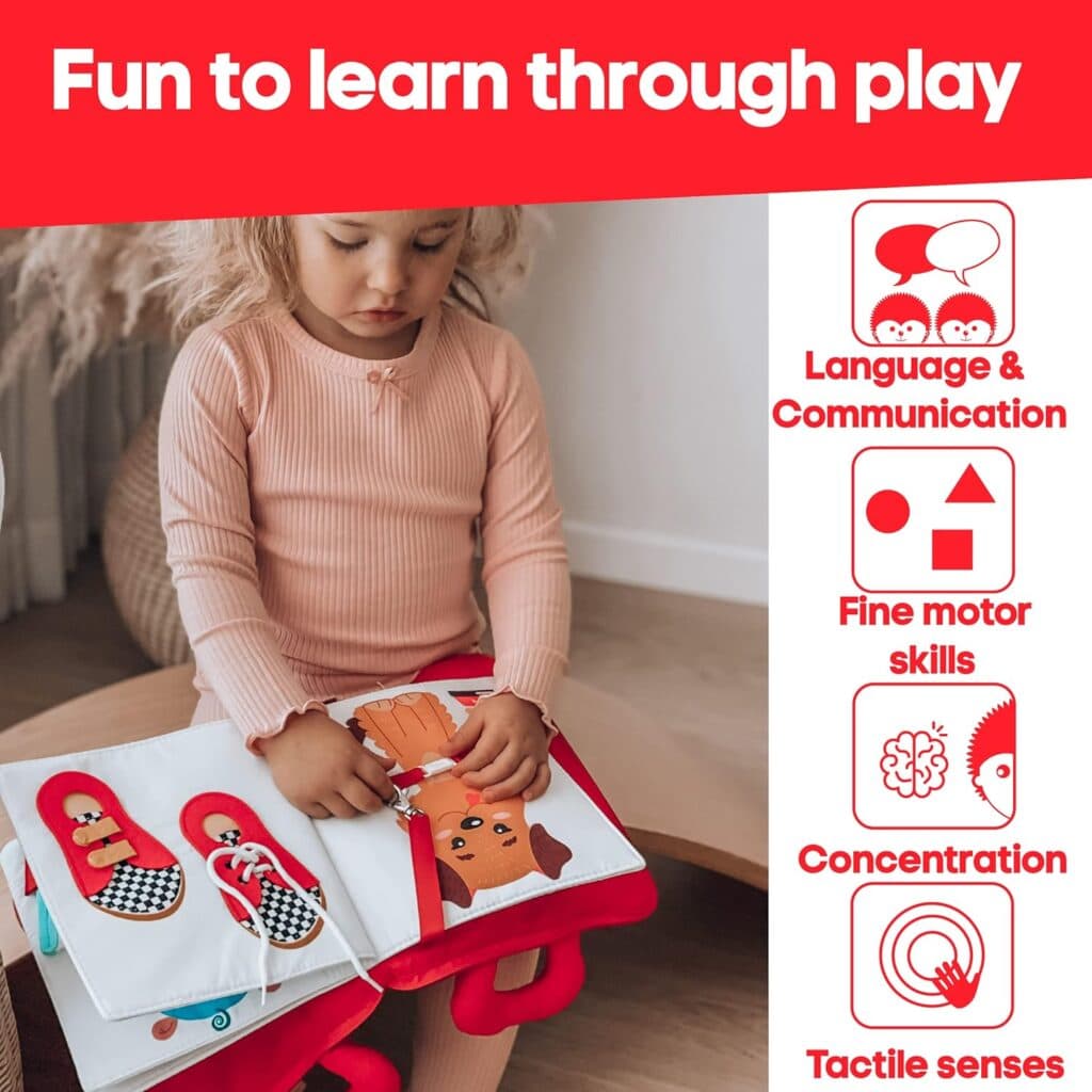 Kipod Montessori Quiet Book - Essential Toddler Travel Toy with Engaging Plane and Car Travel Activities - Cognitive Development Preschool Sensory Learning Baby Busy Book for Toddler Boys Girls