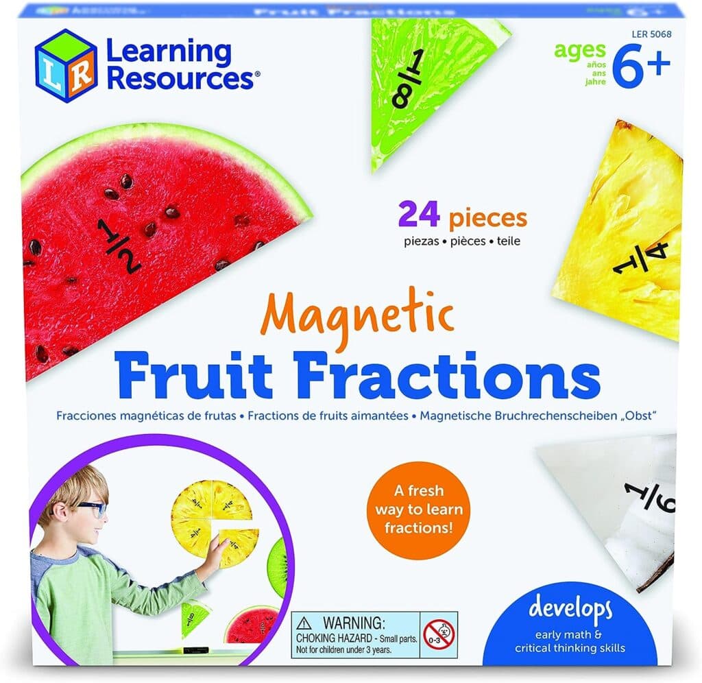 Learning Resources Magnetic Fruit Fractions, Number Learning for Kids Math, Montessori Math, Games for Kids, Educational Indoor Games, 24 Pieces, Age 6+