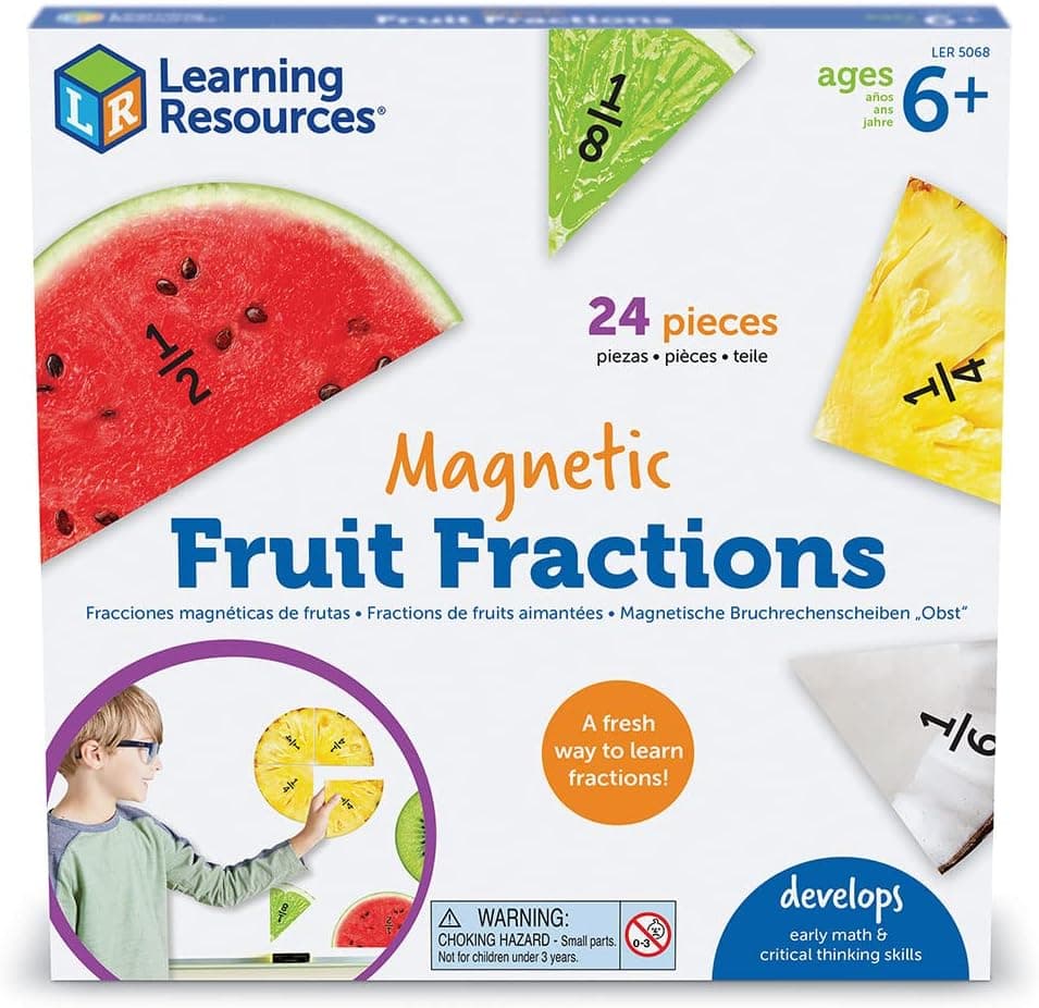 Learning Resources Magnetic Fruit Fractions, Number Learning for Kids Math, Montessori Math, Games for Kids, Educational Indoor Games, 24 Pieces, Age 6+