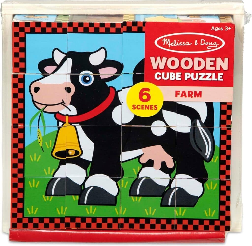 Melissa Doug Farm Wooden Cube Puzzle With Storage Tray - 6 Puzzles in 1 (16 pcs) - Toddler Animal Puzzle -FSC-Certified Materials