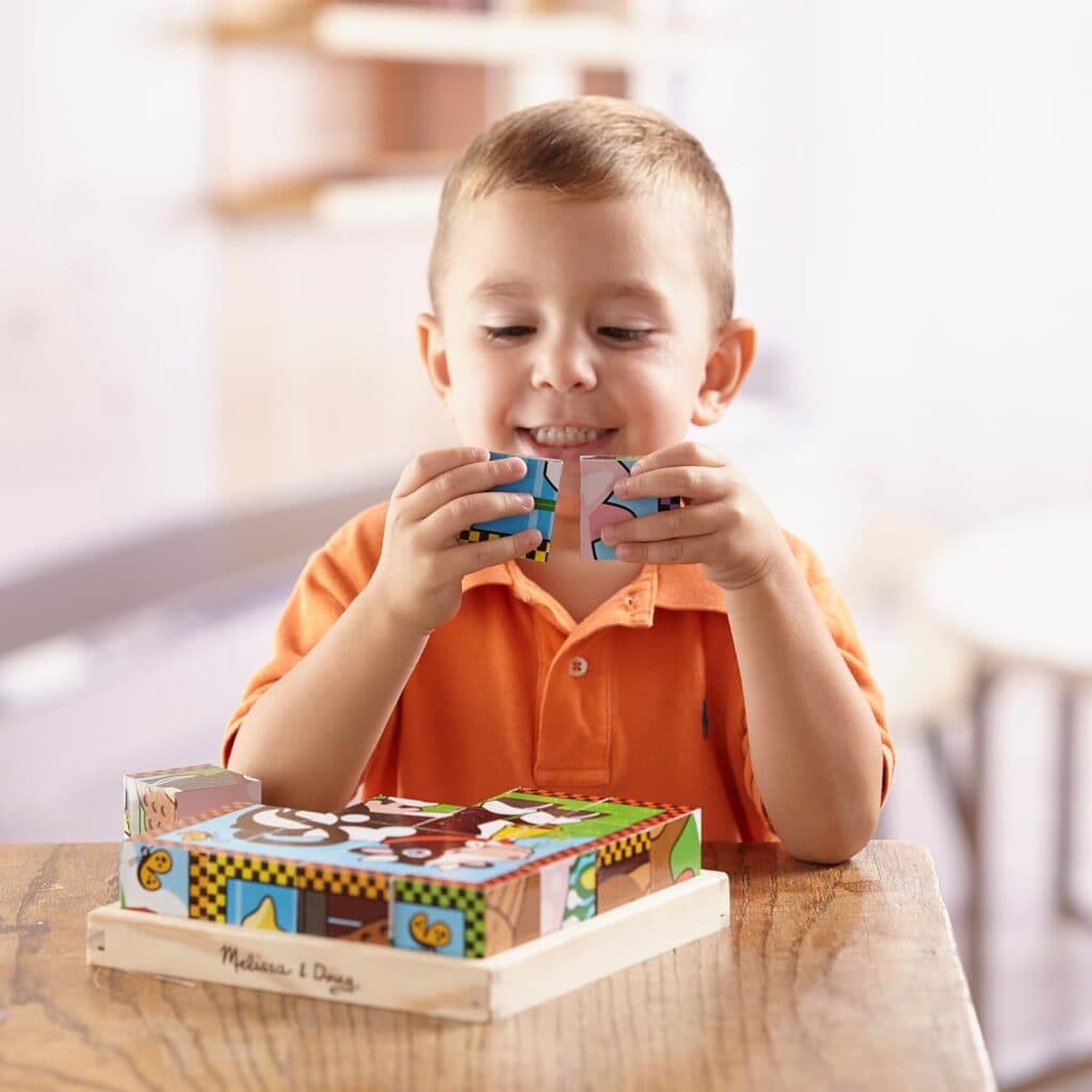 Melissa Doug Farm Wooden Cube Puzzle With Storage Tray - 6 Puzzles in 1 (16 pcs) - Toddler Animal Puzzle -FSC-Certified Materials
