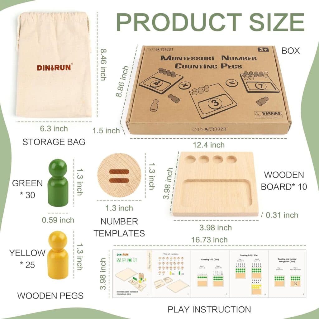 Montessori Toys - Counting Peg Board for Kids - Montessori Math and Numbers for Toddlers - Wooden Math Manipulatives Materials for Kindergarten Green