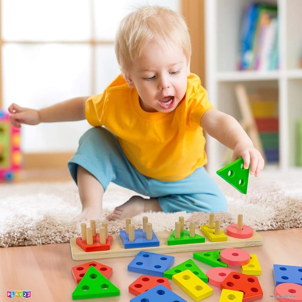 Play22 Montessori Toys for 1 2 3 Years Old Toddlers Boys Girls - Wooden Sorting Stacking Educational Kids Learning Toys Color Recognition Stack and Sort 20Pc, Great Gift – Original