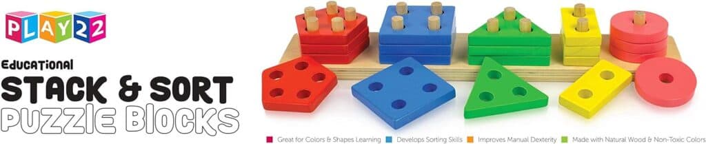 Play22 Montessori Toys for 1 2 3 Years Old Toddlers Boys Girls - Wooden Sorting Stacking Educational Kids Learning Toys Color Recognition Stack and Sort 20Pc, Great Gift – Original