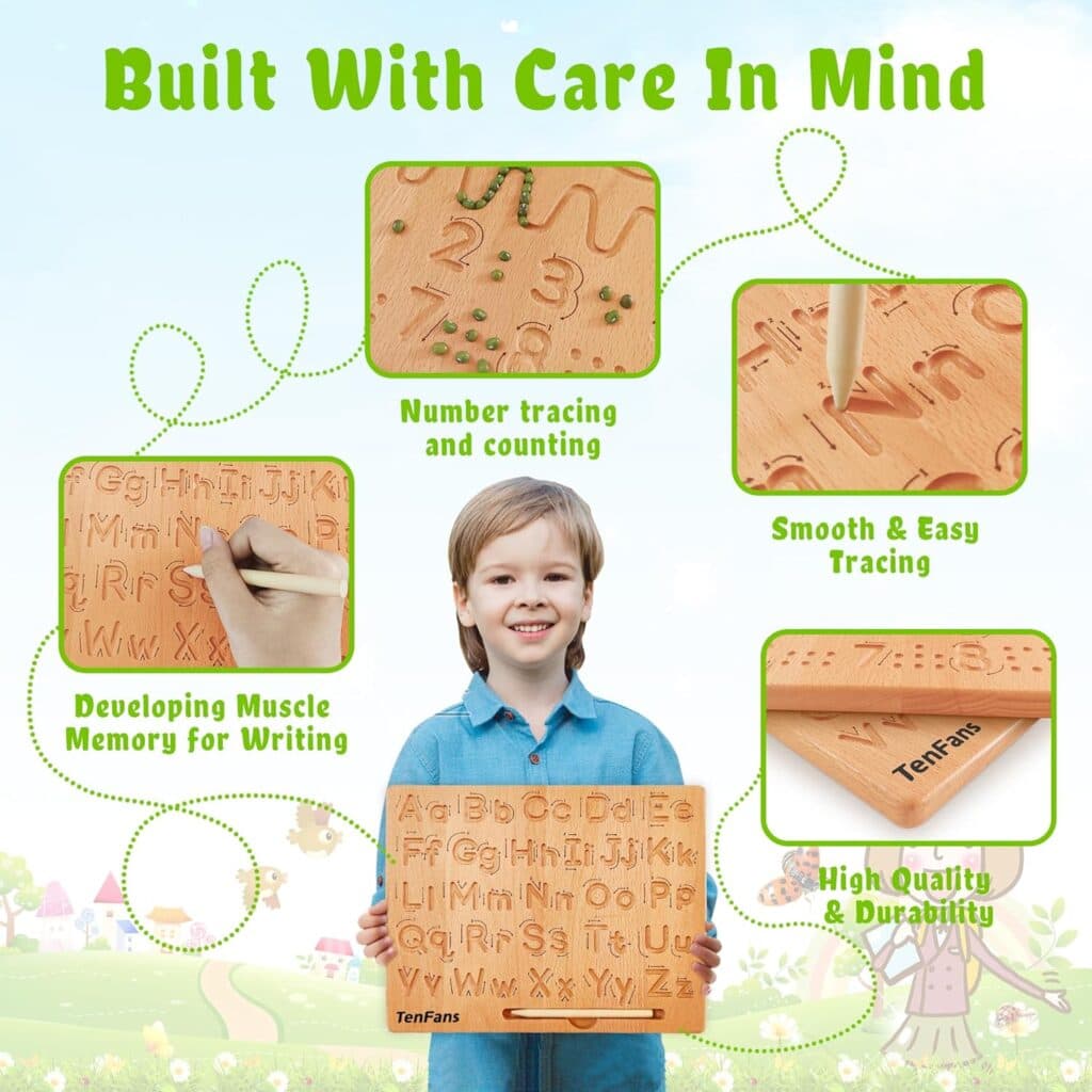 TanFans Wooden Alphabet Tracing Board - Montessori Educational Toy for Preschool - Fine Motor Skills Development - Learn to Write ABC - Double-Sided Letter Practice Tool - Ideal Gift for 3-5 Years Old
