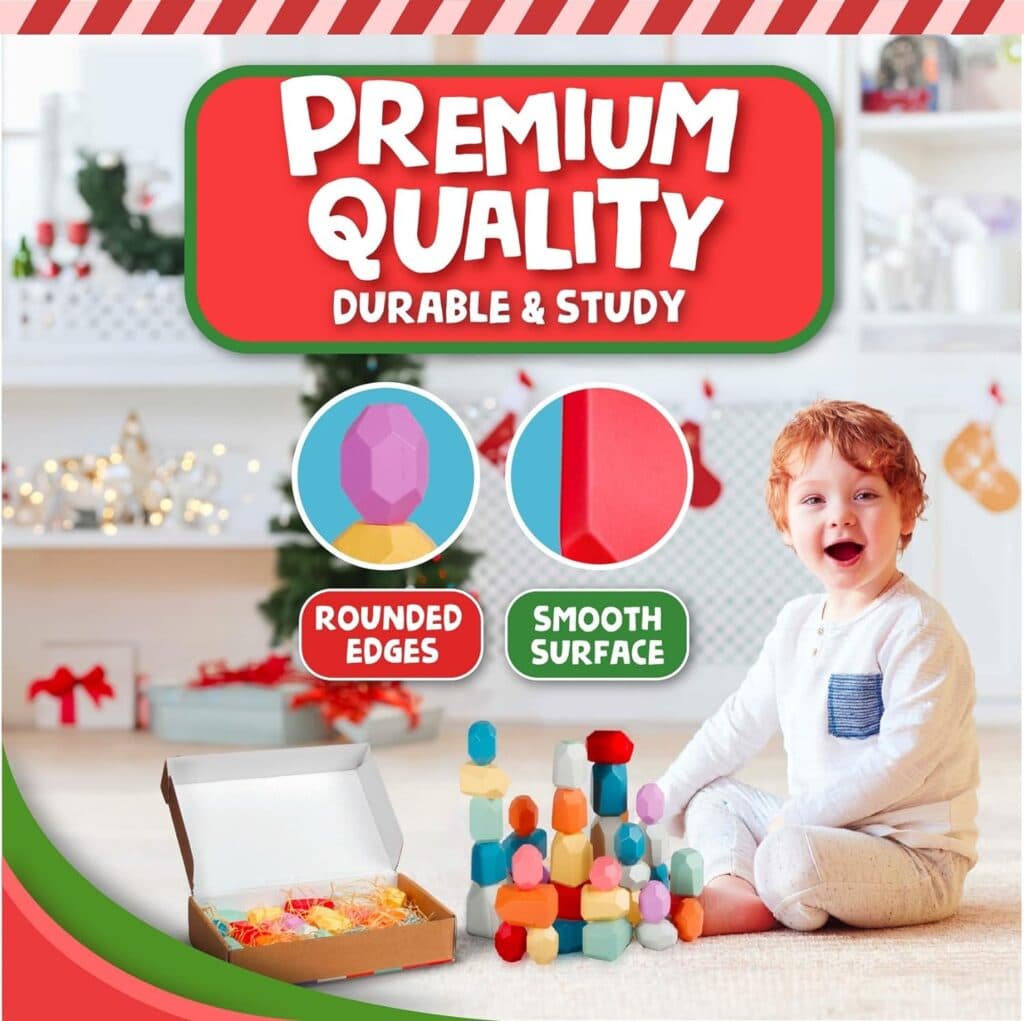 BUNMO Wooden Stacking Rocks 40pcs | Montessori Toys for 1 + Year Old | Stimulating Creative Imaginative Play | One Year Old Baby Blocks Toy | Toys for 1 + 2 3 Year Old boy or Girl Toys Gifts