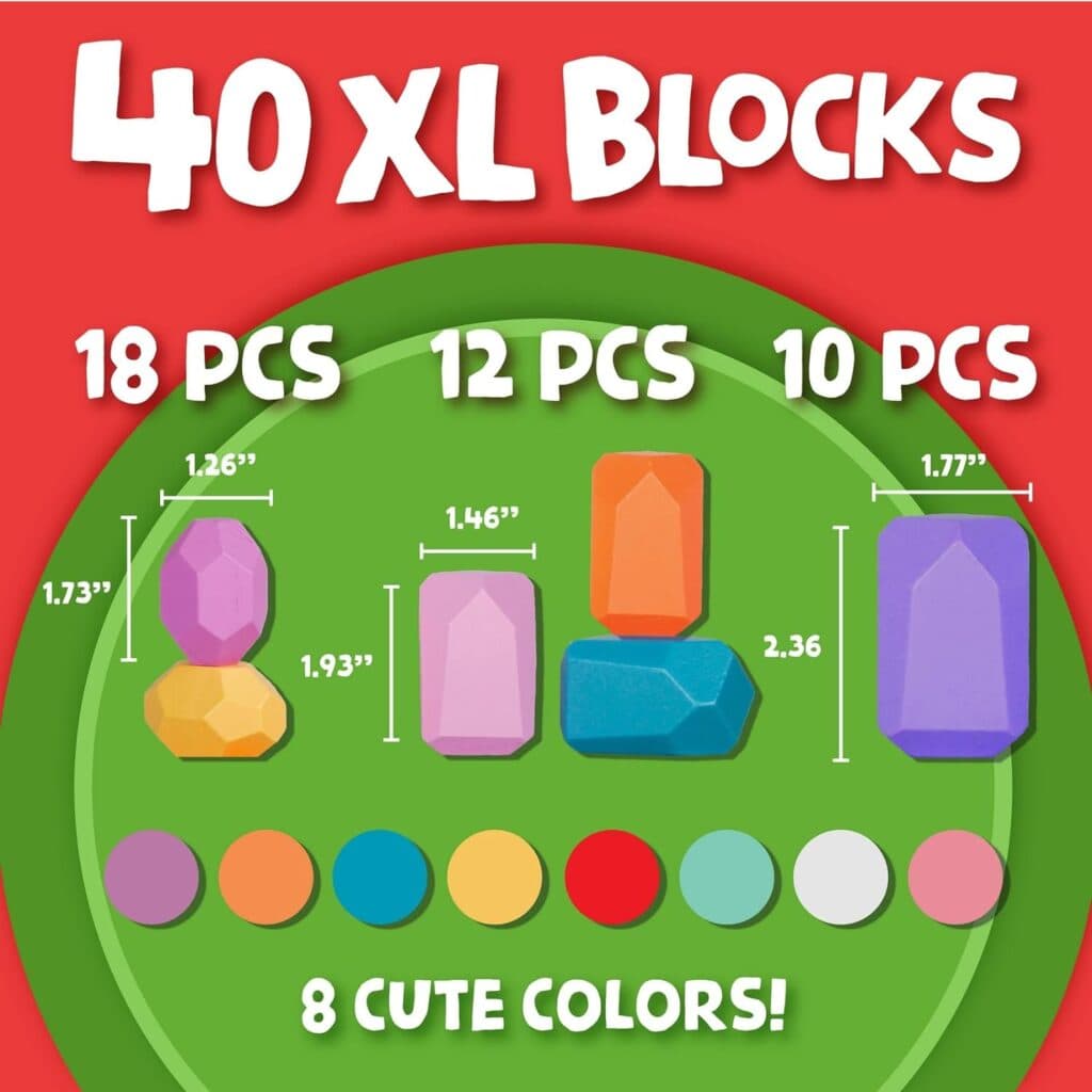 BUNMO Wooden Stacking Rocks 40pcs | Montessori Toys for 1 + Year Old | Stimulating Creative Imaginative Play | One Year Old Baby Blocks Toy | Toys for 1 + 2 3 Year Old boy or Girl Toys Gifts