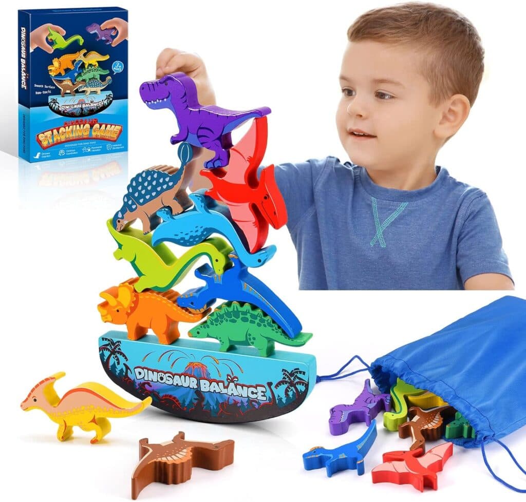 Dinosaur Toys for Kids 3-5: Wooden Stacking Montessori Toys for 3-7 Year Old Balance Competition Game for Family Ideal Christmas and Birthday Gifts for Kids Stocking Stuffers (Classic Version)