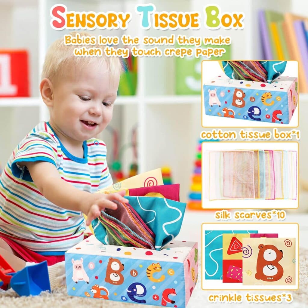 FEBALHS Montessori Baby Toys for 6+ Month Old, 4 in 1 Montessori Toys 6 to 12 Months with Baby Stacking Toys, Baby Sensory Toys, Pull String Toys for 1 Year Old Boy Girl Infant Toddler Toys Gifts