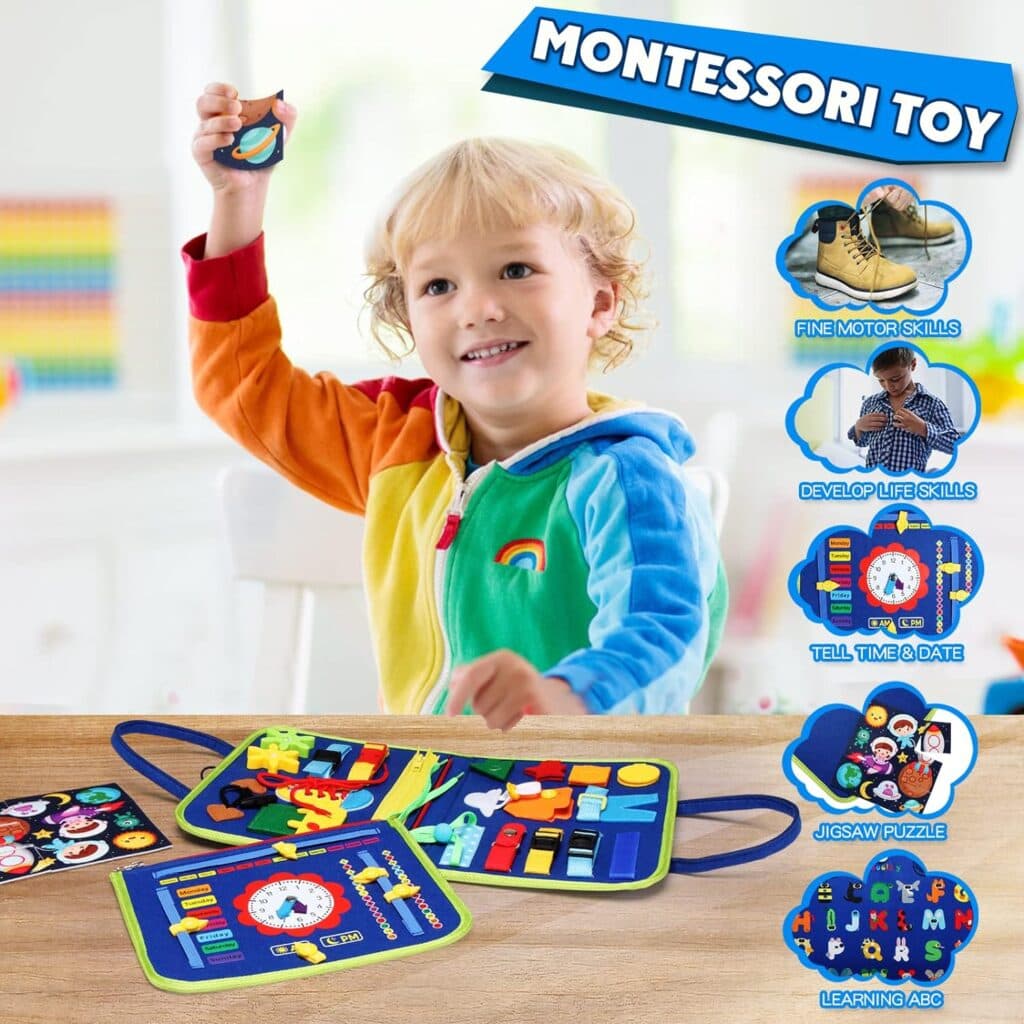 Guolely Busy Board Montessori Toy for 1 2 3 4 Year Old Toddlers - Educational Activity Developing Sensory Board for Basic Dress Fine Motor Skills - Travel Toys for Plane Car, Gift for Boys Girls