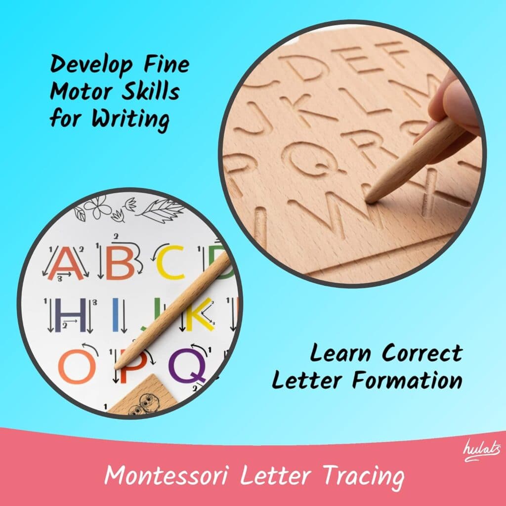 Hulats Learn to Write - Portable Wooden Alphabet Tracing Board - Tracing Letters for Kids Ages 3-5 - Montessori Toys for 3+ Year Old - Letter tracing fine Motor Skills Toys for 5 Year Old