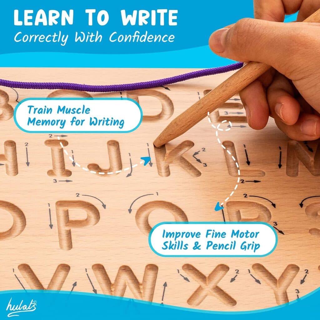 Hulats Learn to Write - Portable Wooden Alphabet Tracing Board - Tracing Letters for Kids Ages 3-5 - Montessori Toys for 3+ Year Old - Letter tracing fine Motor Skills Toys for 5 Year Old