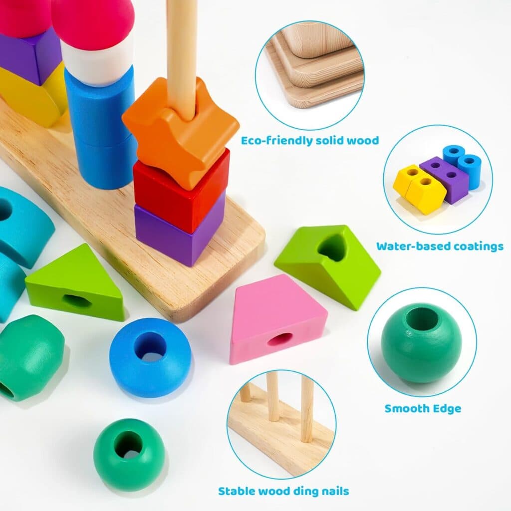 Montessori Toys for 1 2 3 4 Year Old Kid Boy Girl Toddler, Montessori Wooden Beads Sequencing Toy Set, Lacing Beads Stacking Block Matching Shape Stacker, STEM Preschool Learning Toy Birthday Gift