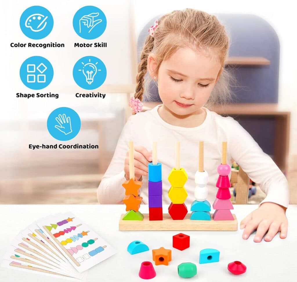 Montessori Toys for 1 2 3 4 Year Old Kid Boy Girl Toddler, Montessori Wooden Beads Sequencing Toy Set, Lacing Beads Stacking Block Matching Shape Stacker, STEM Preschool Learning Toy Birthday Gift