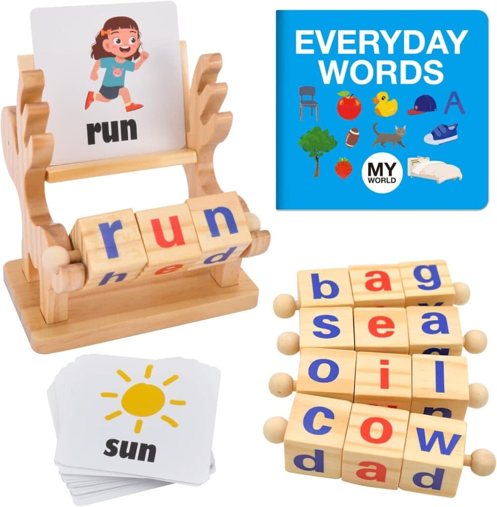 Montessori Toys for 3 4 5 Years Old Wooden Reading Blocks CVC Sight Words Game for Toddlers Letter Flash Cards for Kindergarten Kids Learning Educational Alphabet Phonics for Preschool Girls Boys