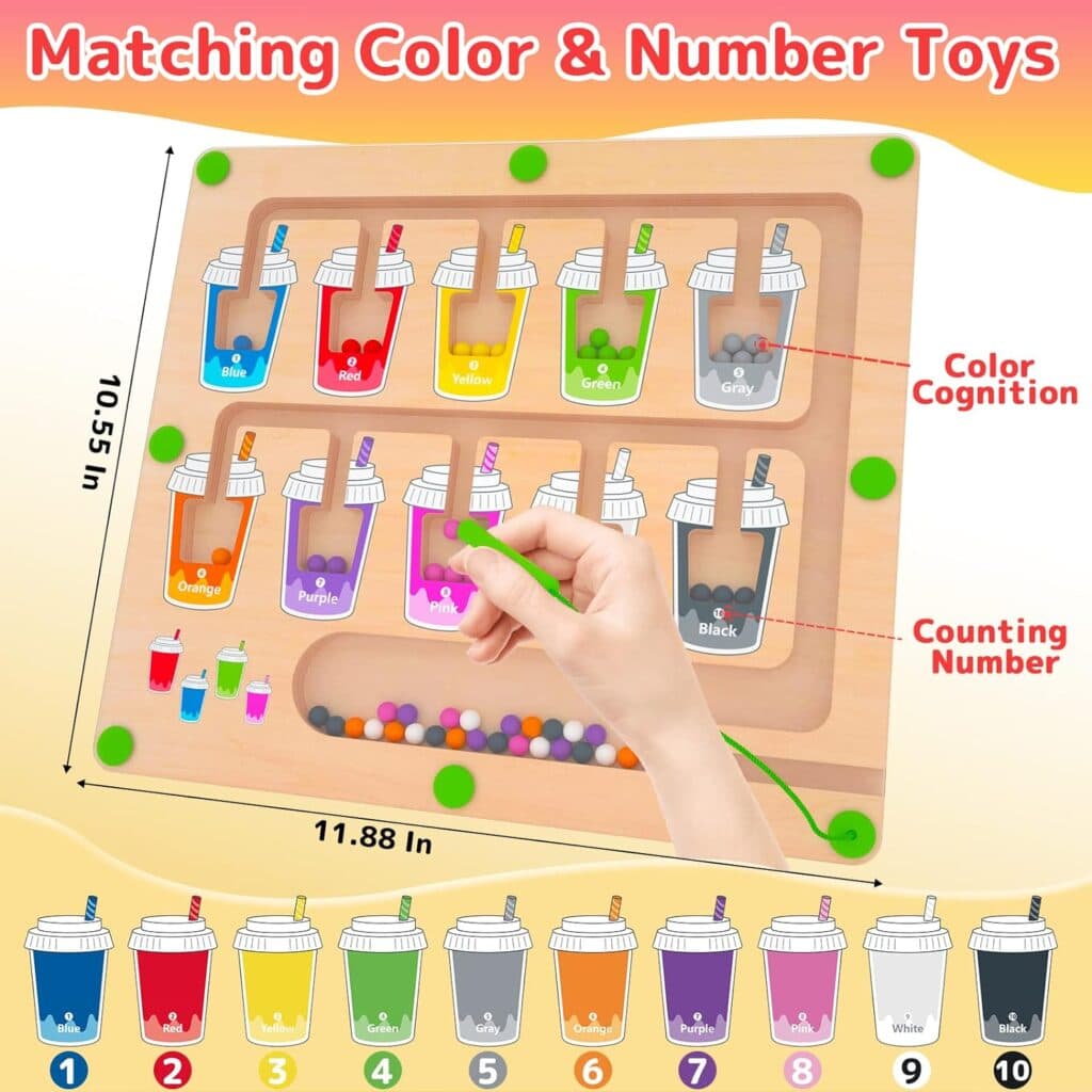 MTYOKILN Magnetic Color Number Maze - Montessori Wooden Color Matching Learning Counting Puzzle Board - Toddler Fine Motor Skills Toys for Boys Girls 3 4 5 Years Old