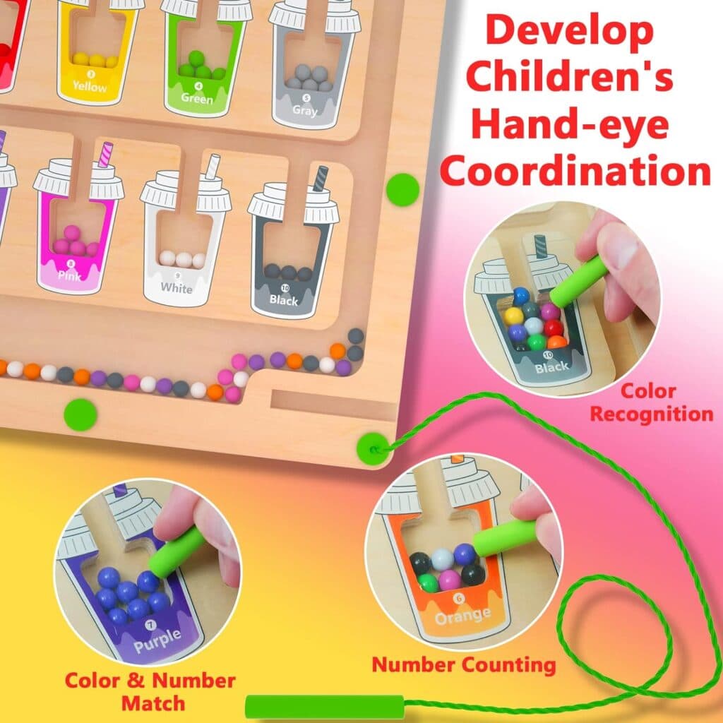 MTYOKILN Magnetic Color Number Maze - Montessori Wooden Color Matching Learning Counting Puzzle Board - Toddler Fine Motor Skills Toys for Boys Girls 3 4 5 Years Old